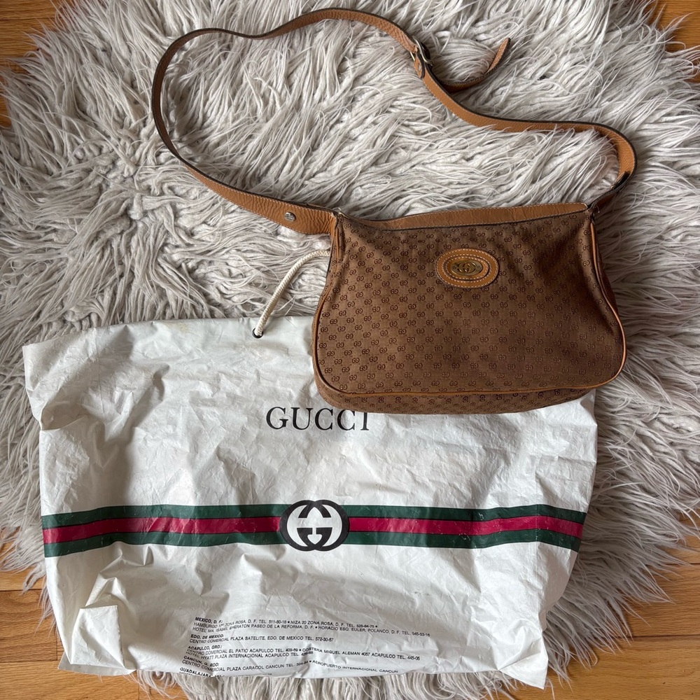 Gucci Vintage 80s GG Monogram Interlocking G Canvas Leather Trim Crossbody Bag - Picture 2 of 16